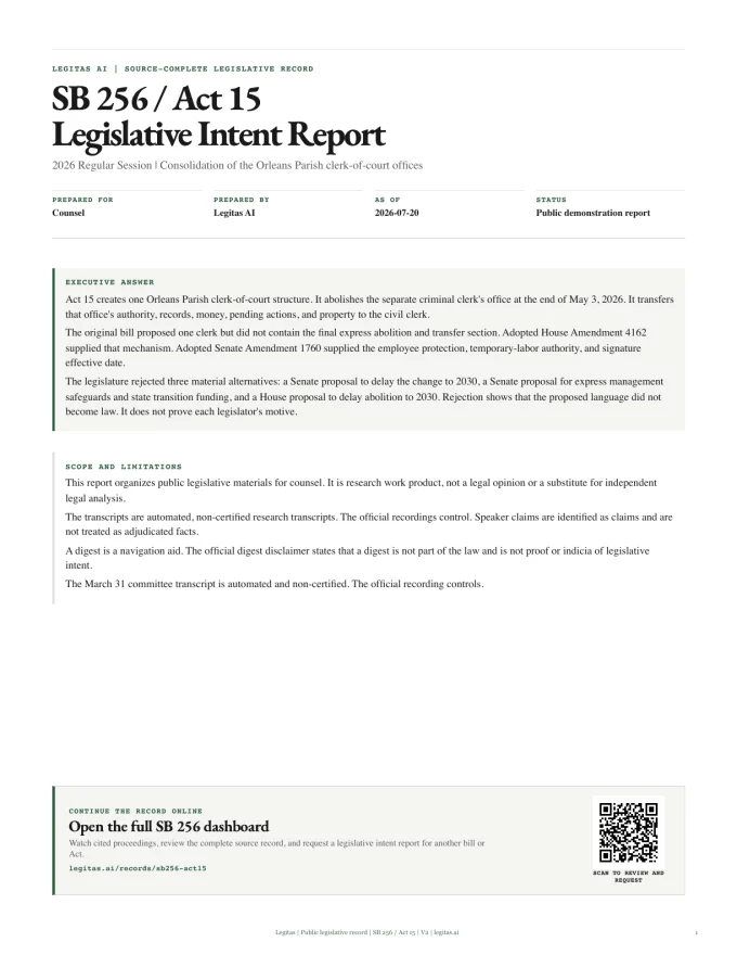 Cover of the SB 256 and Act 15 Legislative Intent Report